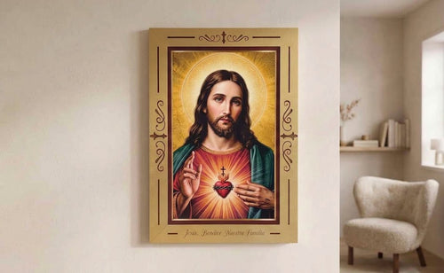 Cuadro del Sagrado Corazón de Jesús con marco dorado en resina y madera
